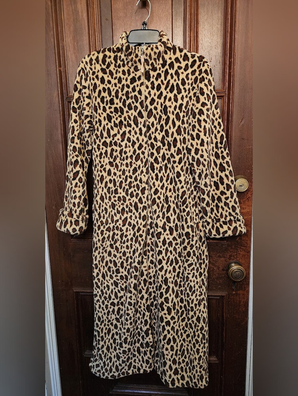 Oscar de la Renta Plush Fleece Leopard Print Long Full-Zip Robe Housecoat S/M